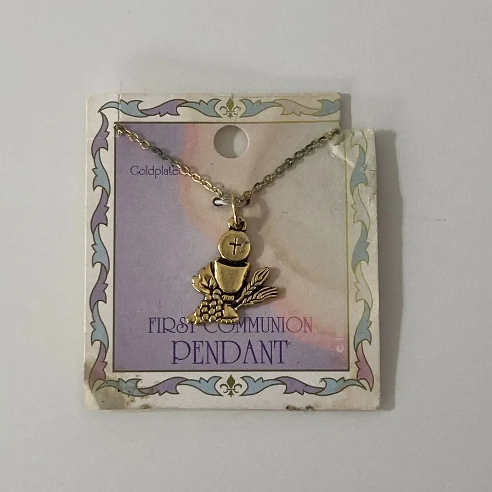 First Communion Pendant Gold Plated IHS Grapes Wheat Cup Chalice Religious Gift
